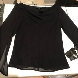 Sandra Darren  size large black dressy blouse draped neck semi sheer lined NWT